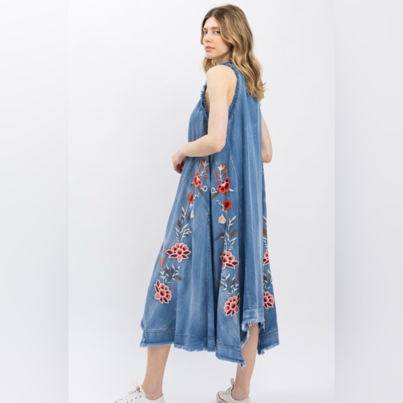 Floral Embroidered Asymmetrical Denim Dress - Picture 2 of 2